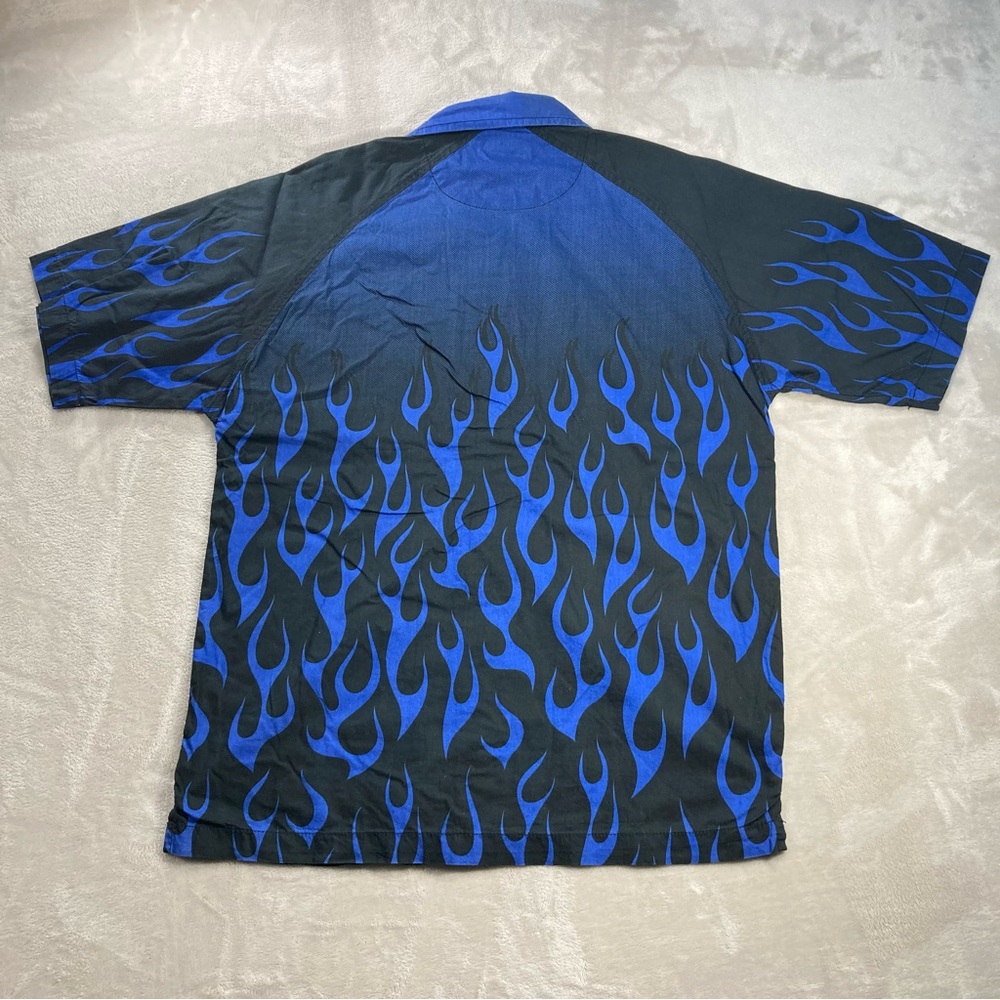 Vintage 90s No Boundaries Lead Foot Car Blue Fire Flame Button Up Shirt Sz Small - Picture 3 of 7